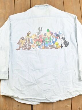 Vintage '93 Looney Tunes Blue Button Up Denim Shirt Warner Brothers Faded Image